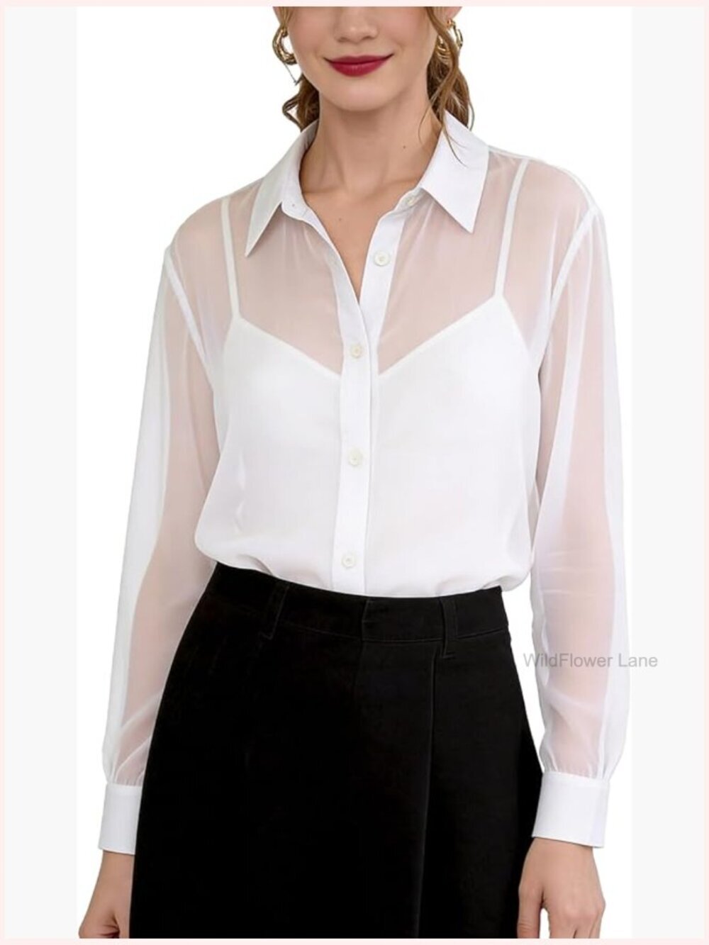 Sheer Button Down Shirt Long Sleeve See Through Chiffon Blouse Tunic Tops